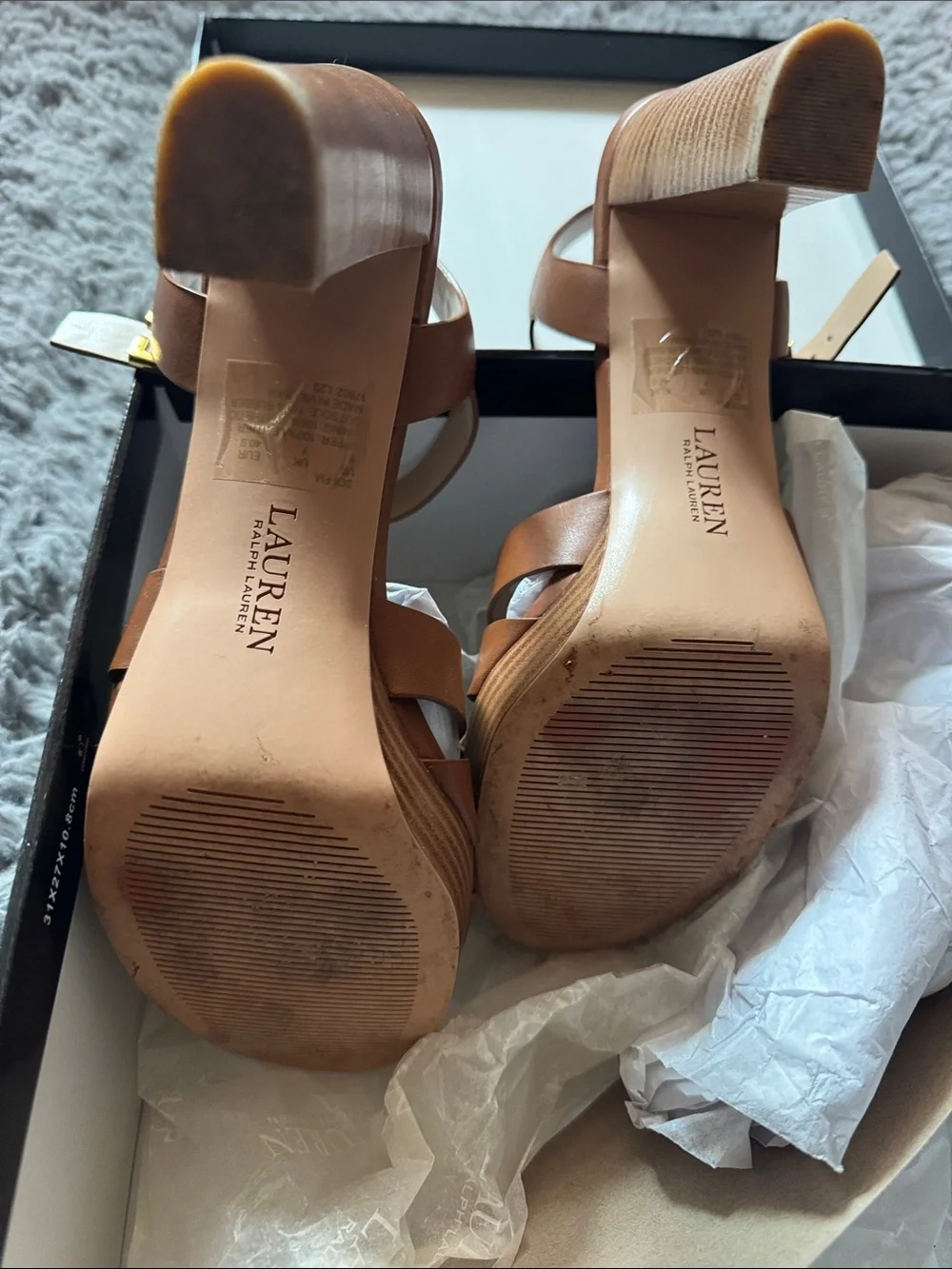 Lauren Ralph Lauren Soffia Tan Leather Strappy Block Heel Sandals Size 9